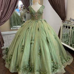 Sage Green Shiny V-Neck Quinceanera Dress Ball Gown Off the Shoulder 3D Flower Corset Lace Appliques Beaded Sweet 16 Vestidos De 15 Anos