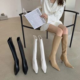 Boots Black Beige White Women Knee High AutumnWinter Stretch Booties Back Zipper Thin Heels Elegant Dress Shoes Party 231120