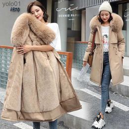 Women's Fur Faux Fur 2023 New Winter Thick Warm Down Padded Coat Women's Plus Velet Cotton Coat Winter Hooded Loose Parkas Coat Fur Lining jer CoatL231121
