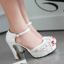 Dress Shoes Summer High Heels Sandals Women 2023 Lace Mesh Peep Toe Ankle Strap Footwear Platform Party Wedding Female