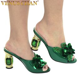 Dress Shoes Latest Green Color African Pumps Shoe Summer High Heels Italy Women Wedding Shoes Rhinestone Elegant Women Summer Slipper Shoes 231121