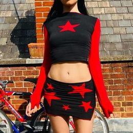 Work Dresses Harajuku Grunge Star Pattern Two Piece Set Y2K Aesthetics Retro Flare Sleeve Crop Top T-shirt And Mini Skirts Mall Goth Outfits