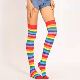 Socks Hosiery 1Pair Fashion Girls Over Knee Long Stripe Printed Casual Women Colourful Rainbow Cotton Sweet Cute Plus Size Sock 231120