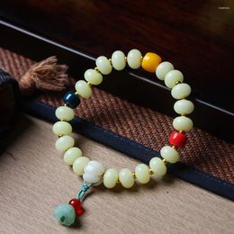 Charm Bracelets Natural Milk Yellow Bodhi Root Bracelet Carved Melon Jade Lotus Peng Accessories White Female Buddha