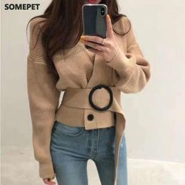 Women's Sweaters Autumn Winter Streetwear Long Sleeve Cross V-Neck Knit Sweater With Belt Casual Fashion Double Breasted Slim Top