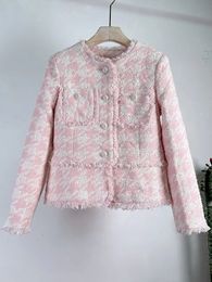 Womens Jackets High Quality Vintage Elegant Pink Woolen Cardigan Tweed Jacket For Women Luxury Houndstooth Pocket Design Coats Female Casacos 231120