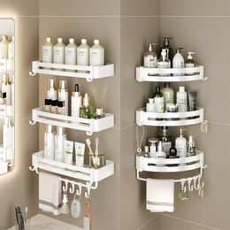 Bathroom Shelves White Towel Shower Storage Rack Black Corner Shelves Wall Mounted Bathroom Storage Basket Organizer with Hooks 230421