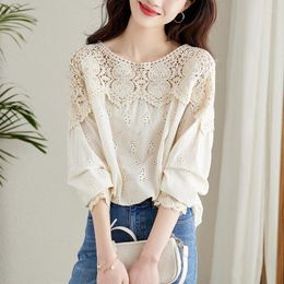 Women's Blouses Sweet Mori Girl Fairy Shirt Lantern Sleeve Lace Hollowout Crochet Embroidery Pullover Loose Waist Women Cotton Blouse Tops