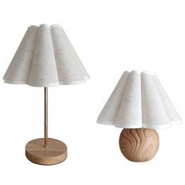 s Korean INS Style Wood + Fabric Skirt-Like White Linen Round Bedside Table Lamp Suitable For Family Bedroom Decorati AA230421
