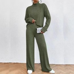 Women's Two Piece Pants 2023 Autumn Winter Solid Knitted Sets Casual Turtleneck Long Sleeve Pullover Outfits Women Loose Homewear Suit