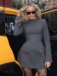 Women Solid O neck Slim A line Dress Elegant Long Sleeve High Waist Bodycon Mini Dresses Fashion Female Street Vestidos