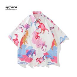 Men's Casual Shirts Sycpman Oversized Men Short Sleeve Printed Women Summer Hawaii Dinosaur Beach Shirt 230421