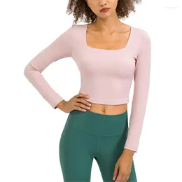 Active Shirts Women's Sexy Long Sleeve Crop Tops Square Neck Double Lined Fitted T Shirt Casual Workout Gym Yoga Blouse