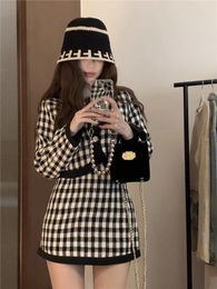 Work Dresses Sweet Girl Suit Women's Autumn Vintage Plaid Long-sleeved Coat Wrapped Hip Short Skirt Two-piece Set Fashion Female Clothes