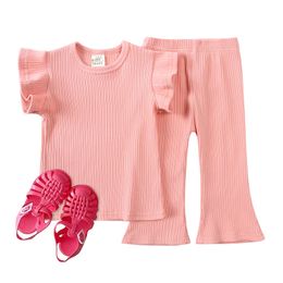 Summer Kids Ribbed Clothing Set Toddler Infant Short Sleeved Top Casual Pants Loungewear Two Pieces Boutique Children Clothes M4293