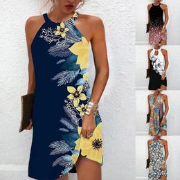 Casual Dresses Elegant Sexy Fashion Knee-Length Dress Women Summer Halter Loose Floral Printed Vacation Pullover Sleeveless Beach