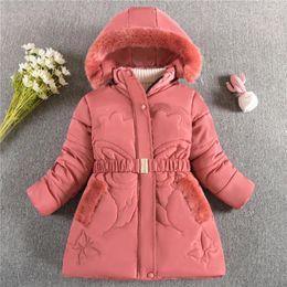 Jackets 3-12 Years Winter Keep Warm Girls Jacket Butterfly Pattern Fashion Detachable Hat Lining With Plush Collar Heavy Coat For Kids