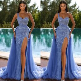 Dresses Blue Prom Mermaid With Overskirt One Shoulder Beaded Sweep Train Side Slit Custom Made Ruched Evening Party Gowns Vestidos Plus Size 0417