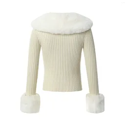 Women's Knits Women Y2K Knit Sweater Crop Top Long Sleeve V-Neck Detachable Fur Trim Cardigan Sexy Slim Button Down Jacket