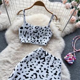 Dress SINGREINY Leopard Print Women Two Piece Summer Mini Camis Tophigh Waist Short Skirt Suits Fashion Sexy Knitted Sets 230422