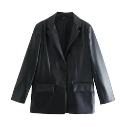 Women's Suits Women Fashion Imitation Leather Neutral Style Casual Blazer Coat Vintage Loose Pocket All-match Female Outerwear Chic Tops