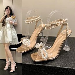 Dress Shoes 2023 Large Women's European And American Transparent Heel Pearl Rhinestone Bow High Ankle Strap Sandals