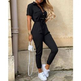 Women's Jumpsuits Elegant Women Casual Jumpsuit One Piece Shirt Overalls Solid Short Sleeve Buttoned & Rompers