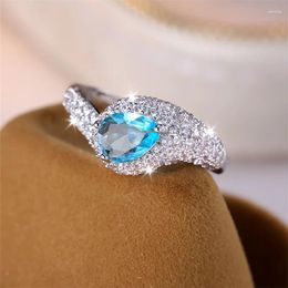 Wedding Rings Pear Cut Aqua Blue Stone Water Drop Zircon Engagement For Women Silver Colour White Vintage Bands Jewellery CZ