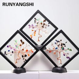 Decorative Objects Figurines Natural Reiki Gemstones Lucky Tree Ornaments 7Chakra Of Life Crystal Gravels Black Frame Fengshui Crafts Home Decor Gifts 231122