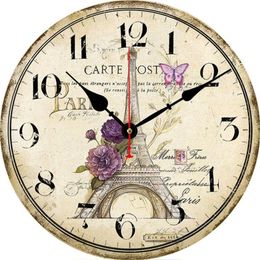 Wall Clocks 14 Inch Paris Clock Vintage country french Tower Round Wooden Family Decoration Painted Clock235K