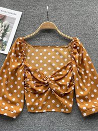 Women's Blouses YuooMuoo Chic Fashion Polka Dot Short Blouse Shirts Vintage Y2K White Black Knot V-neck Crop Tops