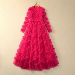2024 Spring Hot Pink Solid Colour Sheer Tulle Panelled Dress Long Sleeve Round Neck Long Maxi Casual Dresses S3N121023