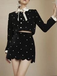 Work Dresses Velvet 2 Piece Skirt Sets Women Warm Crop Tops Slim Mini Woman 2023 Autumn Vintage Nail Diamond Korean Fashion Suits