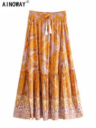 Skirts Vintage Chic Hippie Women Orange Floral Print Beach Bohemian Skirt High Elastic Waist Pleated Boho Rayon Maxi Skirts Femme 230422