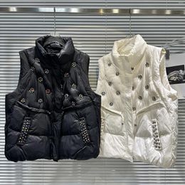 Women's Vests Water Drill Beading Women Cotton-padded Coat Autumn Sleeveless Wadded Jacket Stand Collar Diamonds Casual Female Vest Parkas