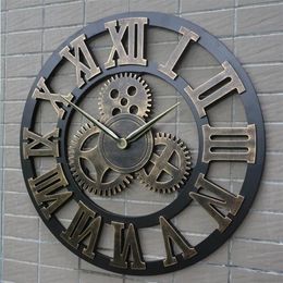 Retro Industrial Gear Wall Clock Decorative Hanging Clock Roman Numeral Wall Decor Quartz Clocks Home Decor2489