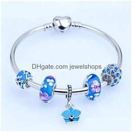 Charm Bracelets Flower Beaded Bangles Bracelets Pan Dora Design Blue Pink Sier Plated Glass Fashion Charms Pendant Jewelry Bracelet Fo Dhfrd