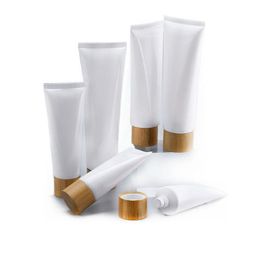 Empty White Plastic Squeeze Tubes Bottle Cosmetic Cream Jars Refillable Travel Lip Balm Container with Bamboo Cap Rcnhe