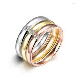 Cluster Rings 3-in-1 Tri-Color Stainless Steel Single CZ Wedding Band Ring For Women Girl Size 6-11