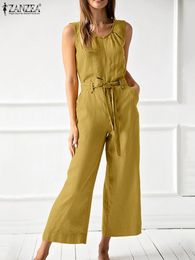 Women's Jumpsuits Rompers ZANZEA Stylish Summer Women Sleeveless Rompers Solid Holiday Playsuits Elegant Work Overalls Oversize Casual Wide Leg Jumpsuits 230422