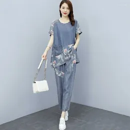 Women's Two Piece Pants 2023 Summer High Quality Loose Splicing Denim Sets Female Pullover Tops Elastic Waist Jeans Two-Piece Suit Women