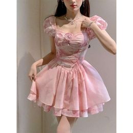 Summer Pink Korean Fashion Women French Vintage Evening Party Mini Chiffon Princess Kawaii Dress Female