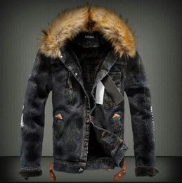 Men's Leather Faux Leather Drop Mens Denim Jacket with Fur Collar Retro Ripped Fleece Jeans Jacket and Coat for Autumn Winter S-XXXXL 231122