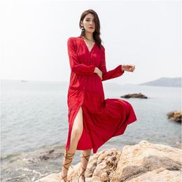 Casual Dresses 2023 European And American Women's Dress Lace Splicing Waist Red White Long Sleeve