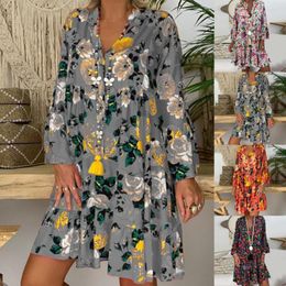 Casual Dresses Women V Neck Long Sleeve Buttons Dress Beachwear Beach Floral Print For Vacation