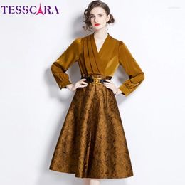 Casual Dresses TESSCARA Women Autumn & Winter Elegant Satin Dress High Quality Jacquard Cocktail Party Vintage A-Line Designer Office