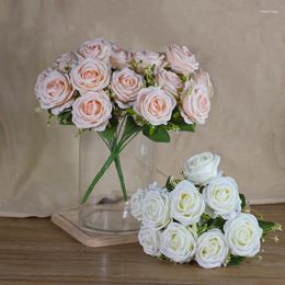 Decorative Flowers 5 Colors Silk Rose Artificial 35cm Fake For House Decoration Fabric Bride Wedding 9 Heads Bouquet Home Decor