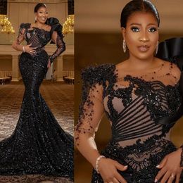 Plus Size Arabic Aso Ebi Black Luxurious Mermaid Long Sleevses Prom Dresses with Detachable Train Evening Formal Party Second Reception Gowns ST364