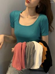 Women's T Shirts Women Sexy Short T-shirts Casual Korean Ladies Solid Sleeve Slim Bare Cropped Tshirt Tops