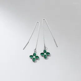 Dangle Earrings Real. 925 STERLING SILVER Piercing Green Enamel Flower Threader Ear Long Pull Through C-G8903